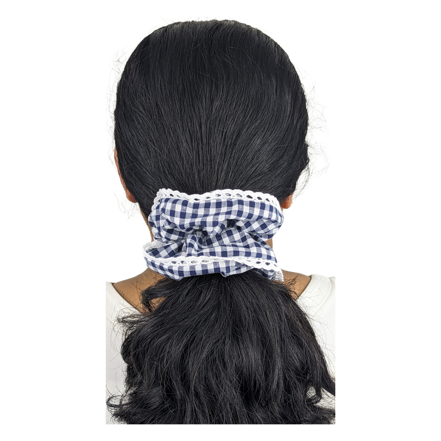 Woman wearing Small Blue Gingham Scrunchie.