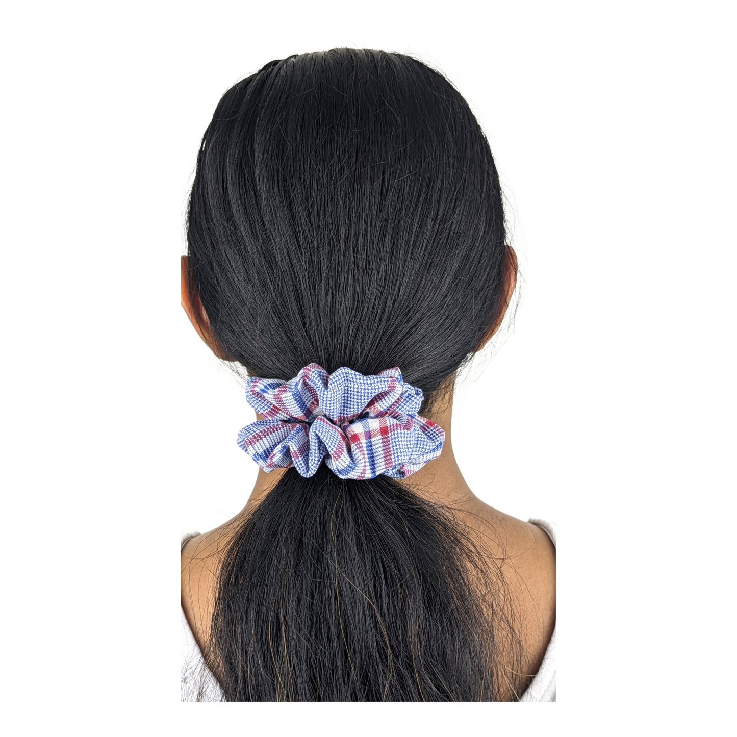 Woman wearing small check Scrunchie