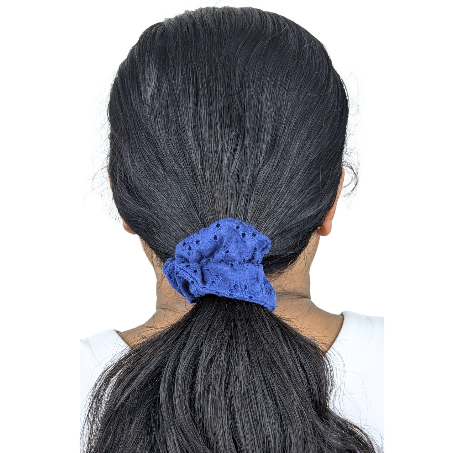 Woman wearing Mini Size Cotton Blue scrunchie