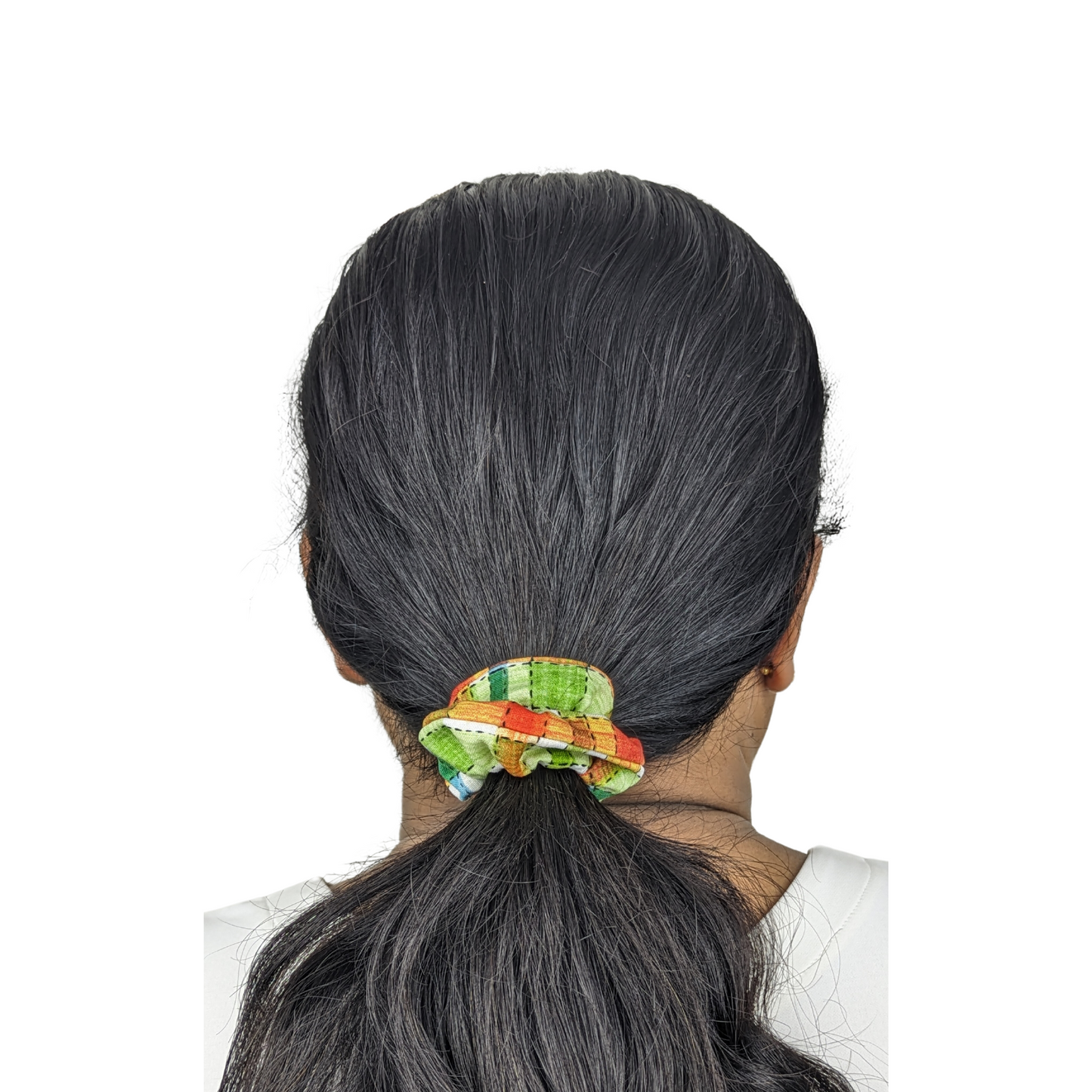 Woman wearing a Mini Size Cotton Square scrunchie