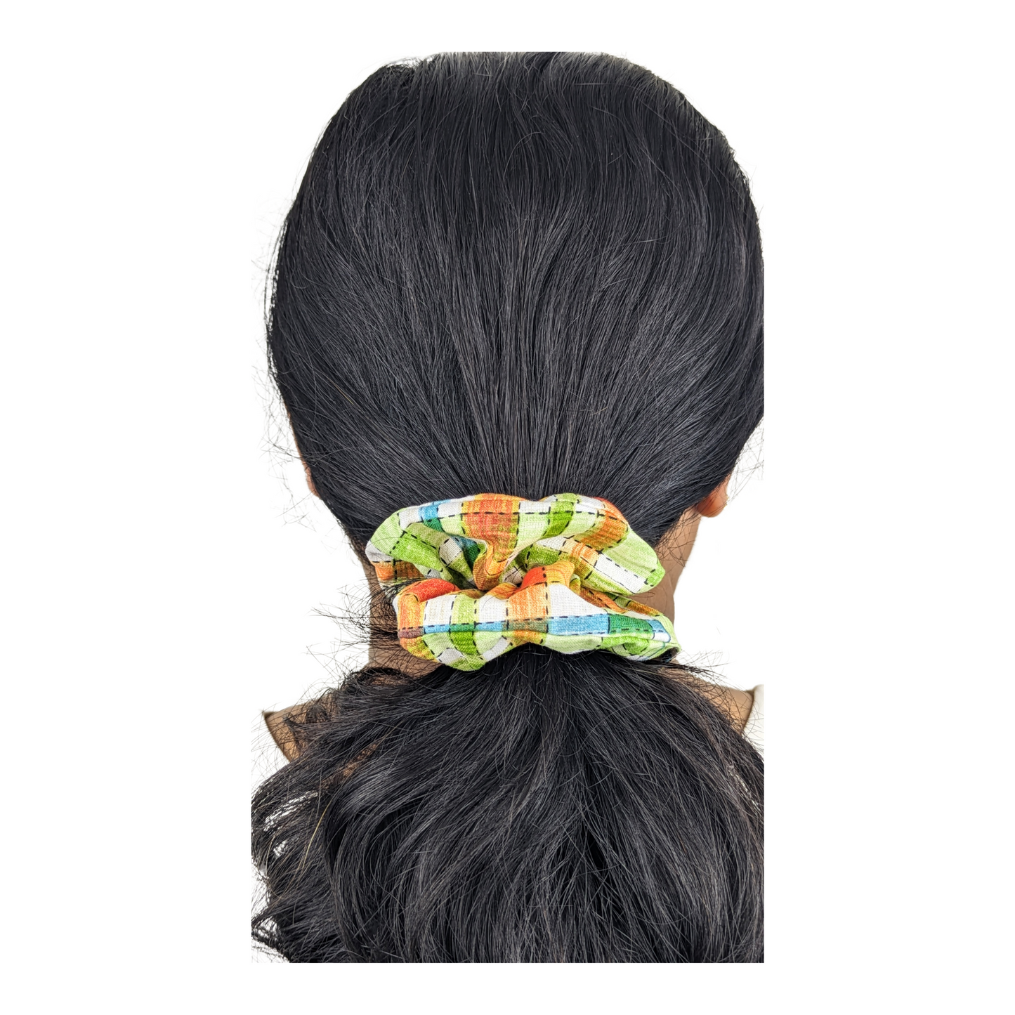 Woman wearing Small Cotton Square printed scrunchie made with 100% cotton.