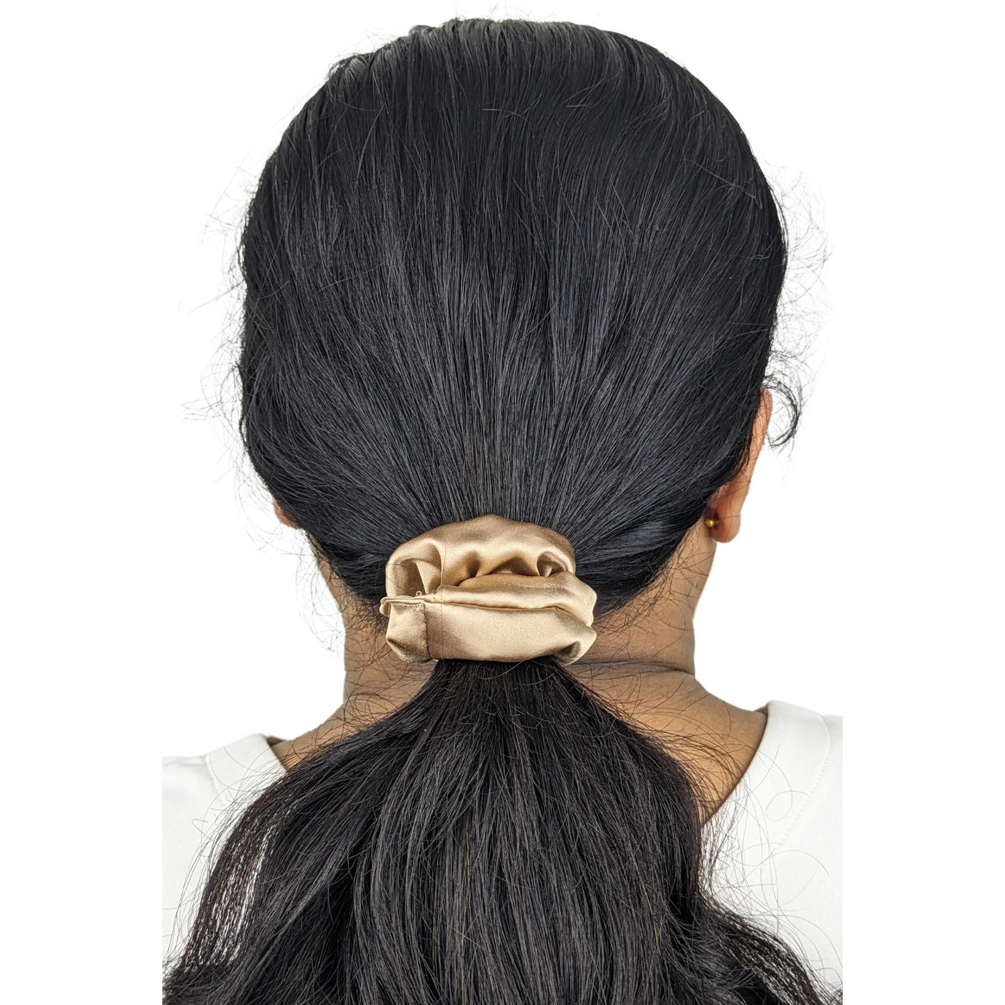 Woman wearing Mini Size Dark Gold scrunchie