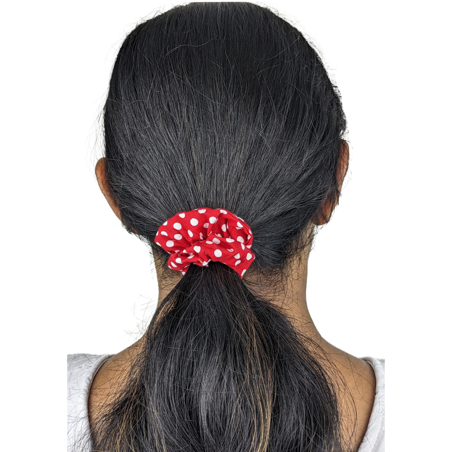 woman wearing a Mini Size Polka Dot scrunchie