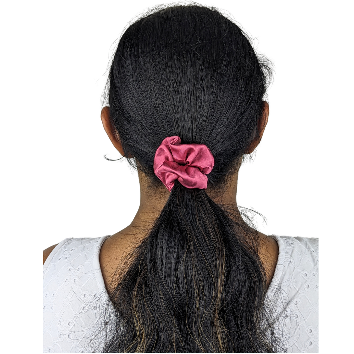 Woman wearing a Mini Size Rapture Rose scrunchie