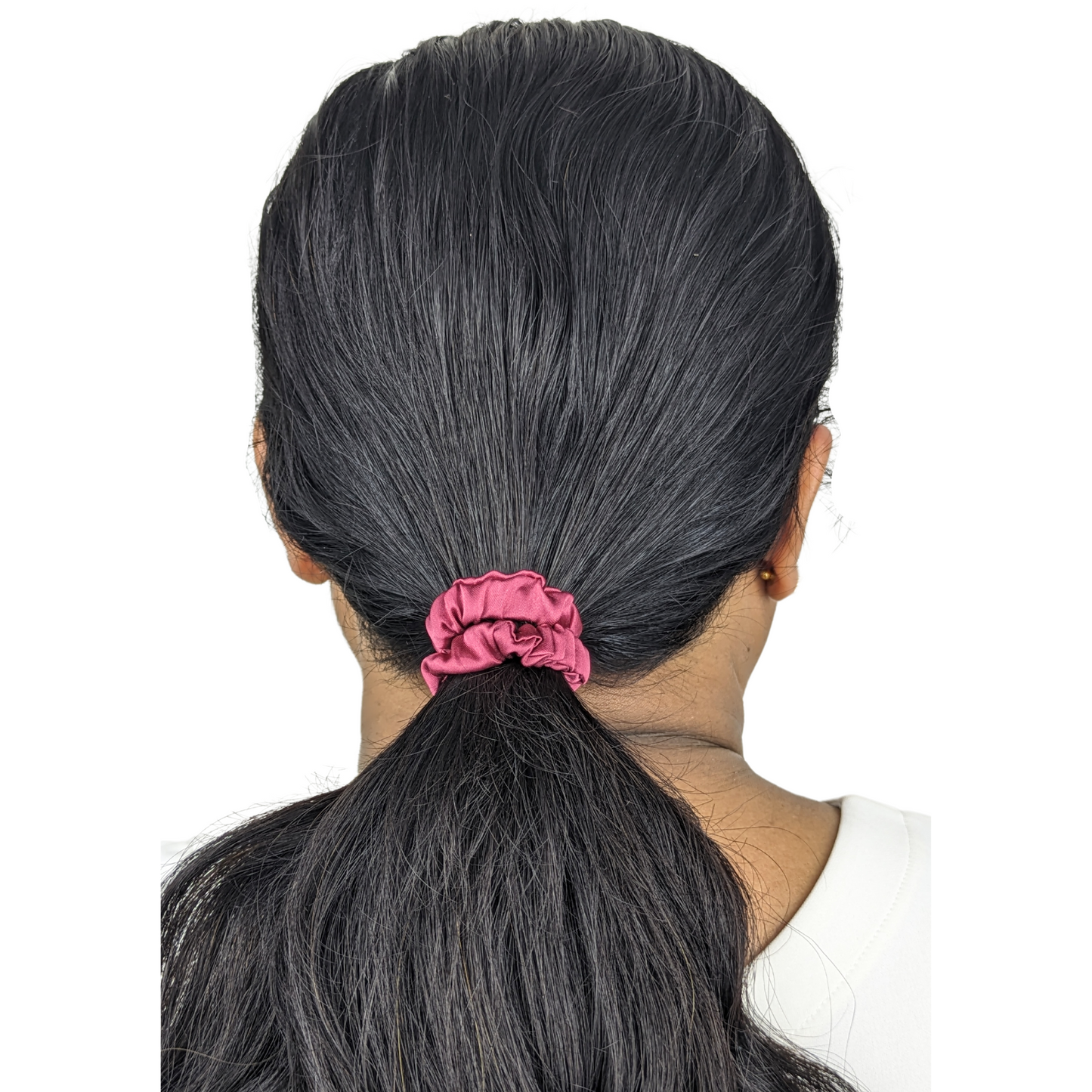 Woman wearing a Rapture Rose Tiny Tie scrunchie