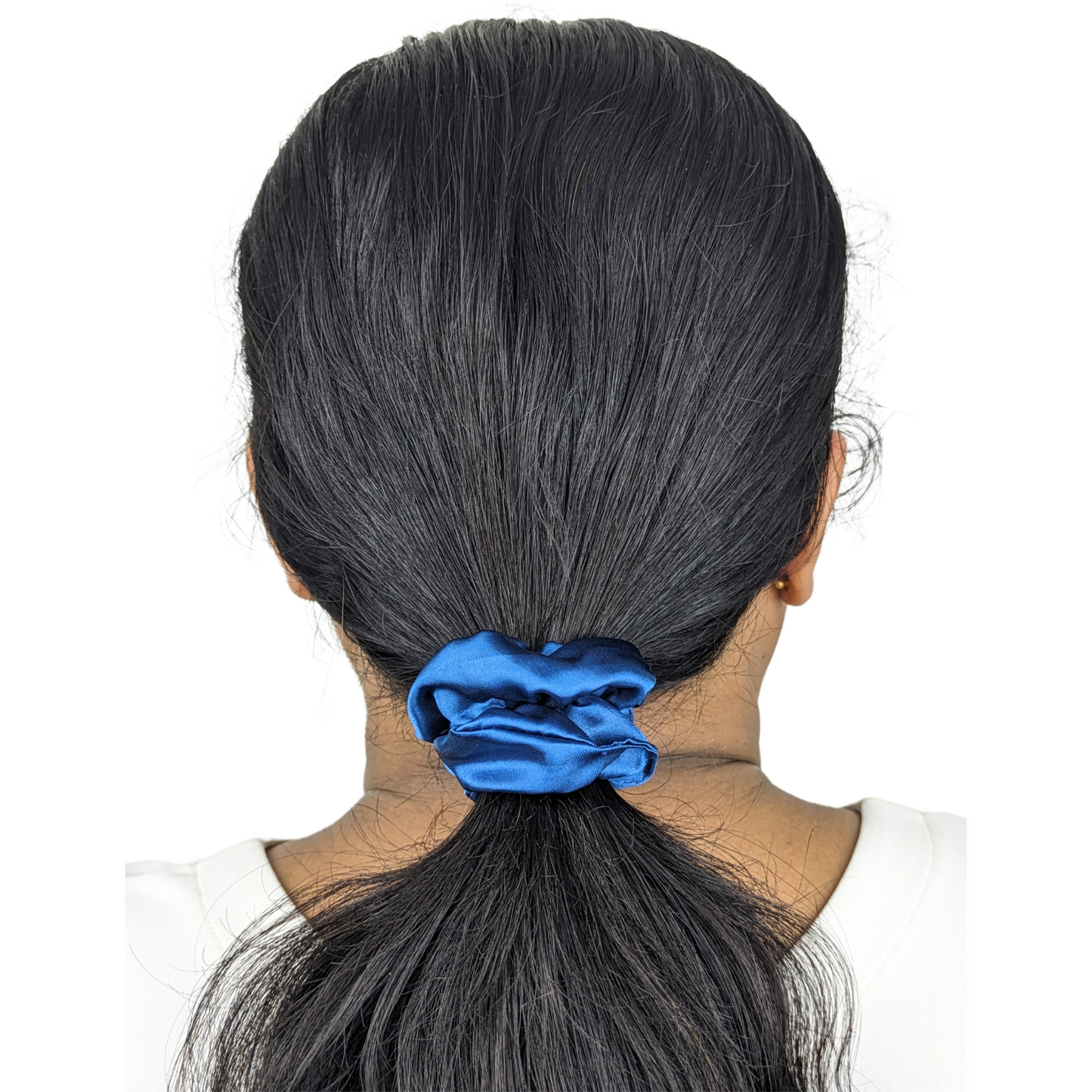 Woman wearing a Mini Size Satin Blue scrunchie