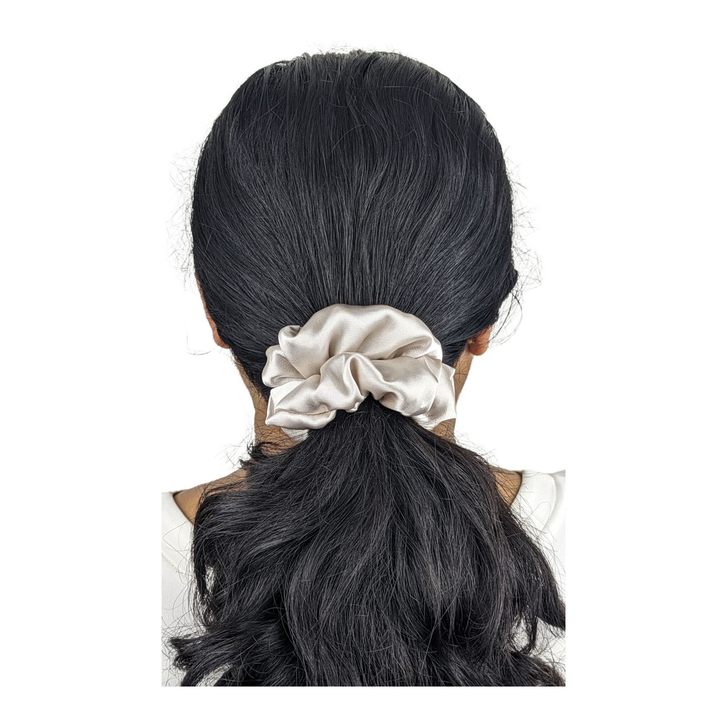 Woman wearing a Small Satin Champagne Scrunchie.