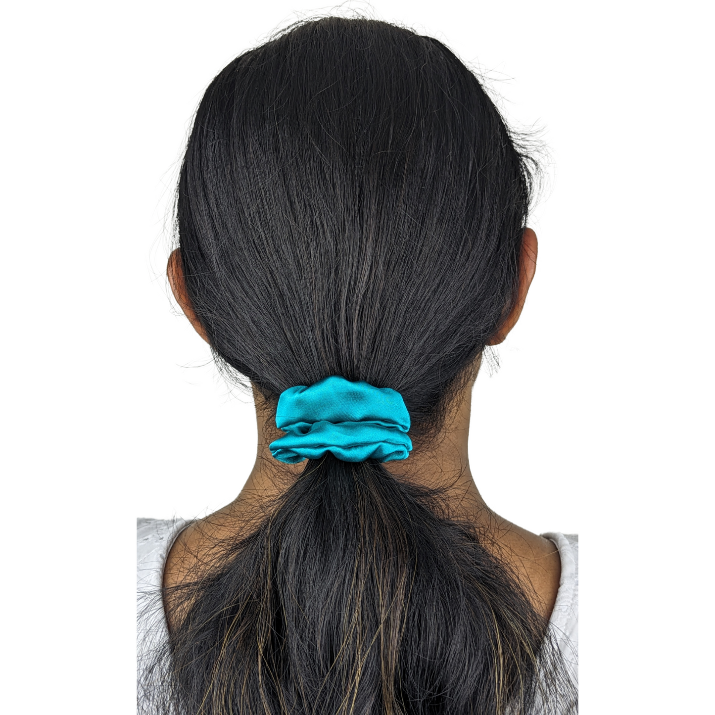 Woman wearing a Mini Size Satin Teal scrunchie