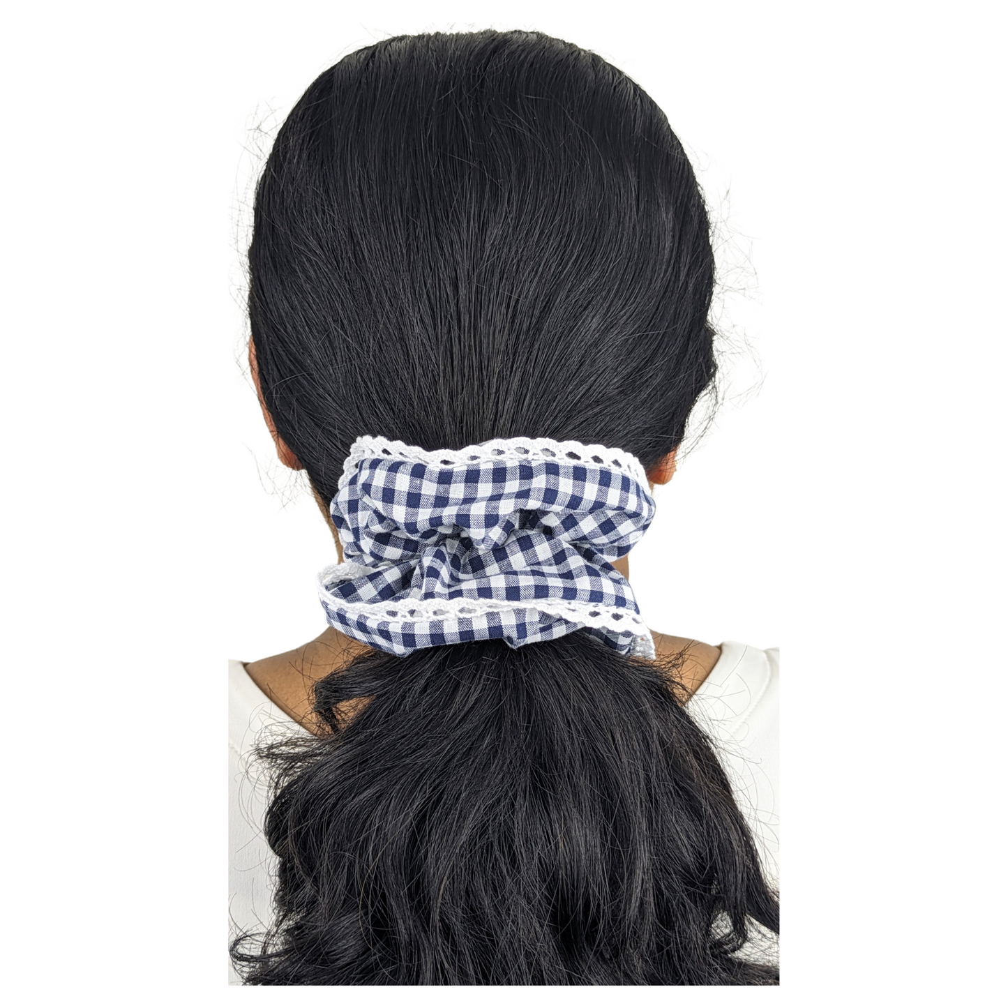 Woman wearing a Regular Blue Gingham Scrunchie