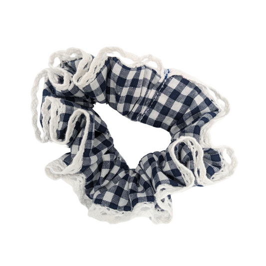 Small Blue Gingham Scrunchie made with 100% cottton fabric