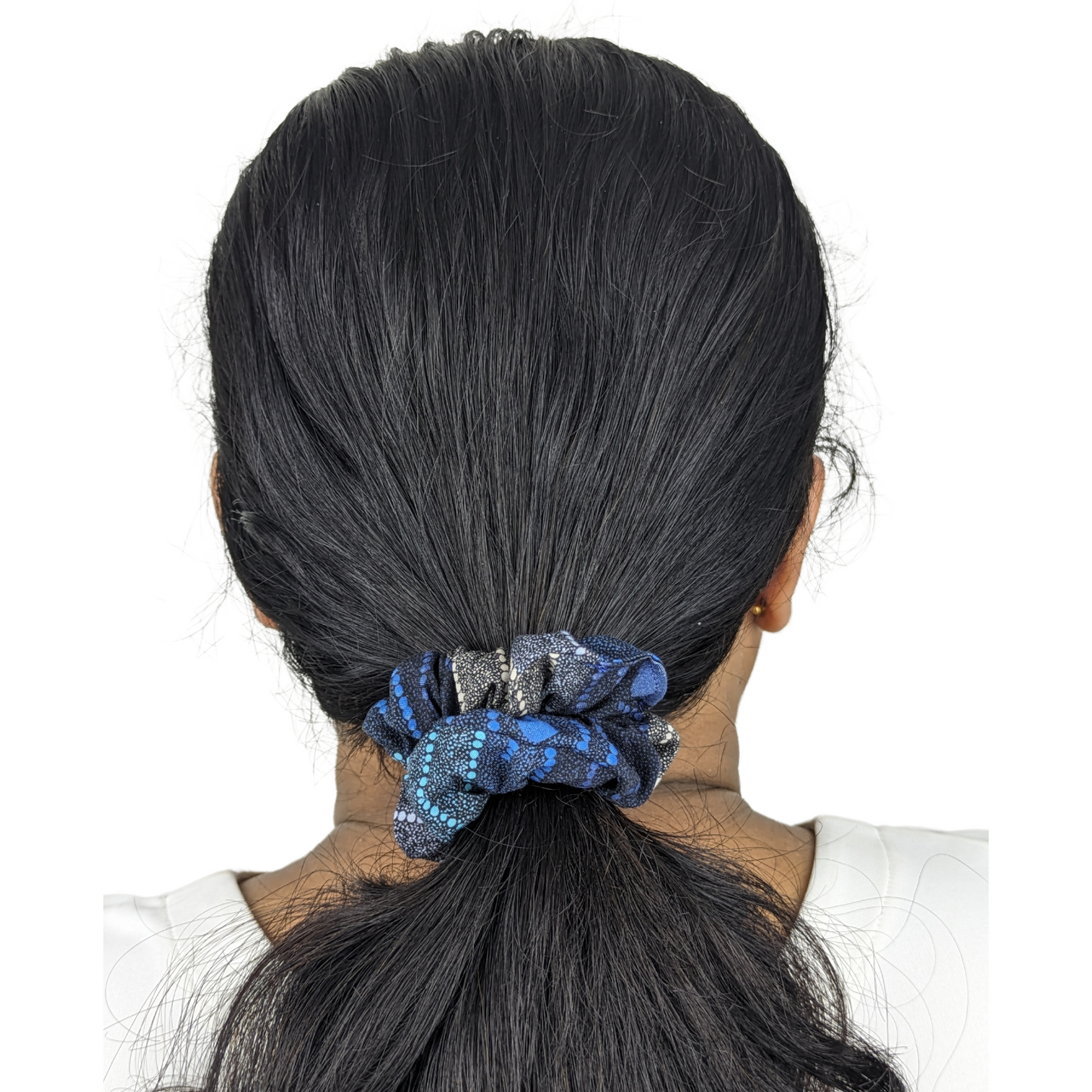 Woman wearing a Blue Water Dreaming small scrunchie