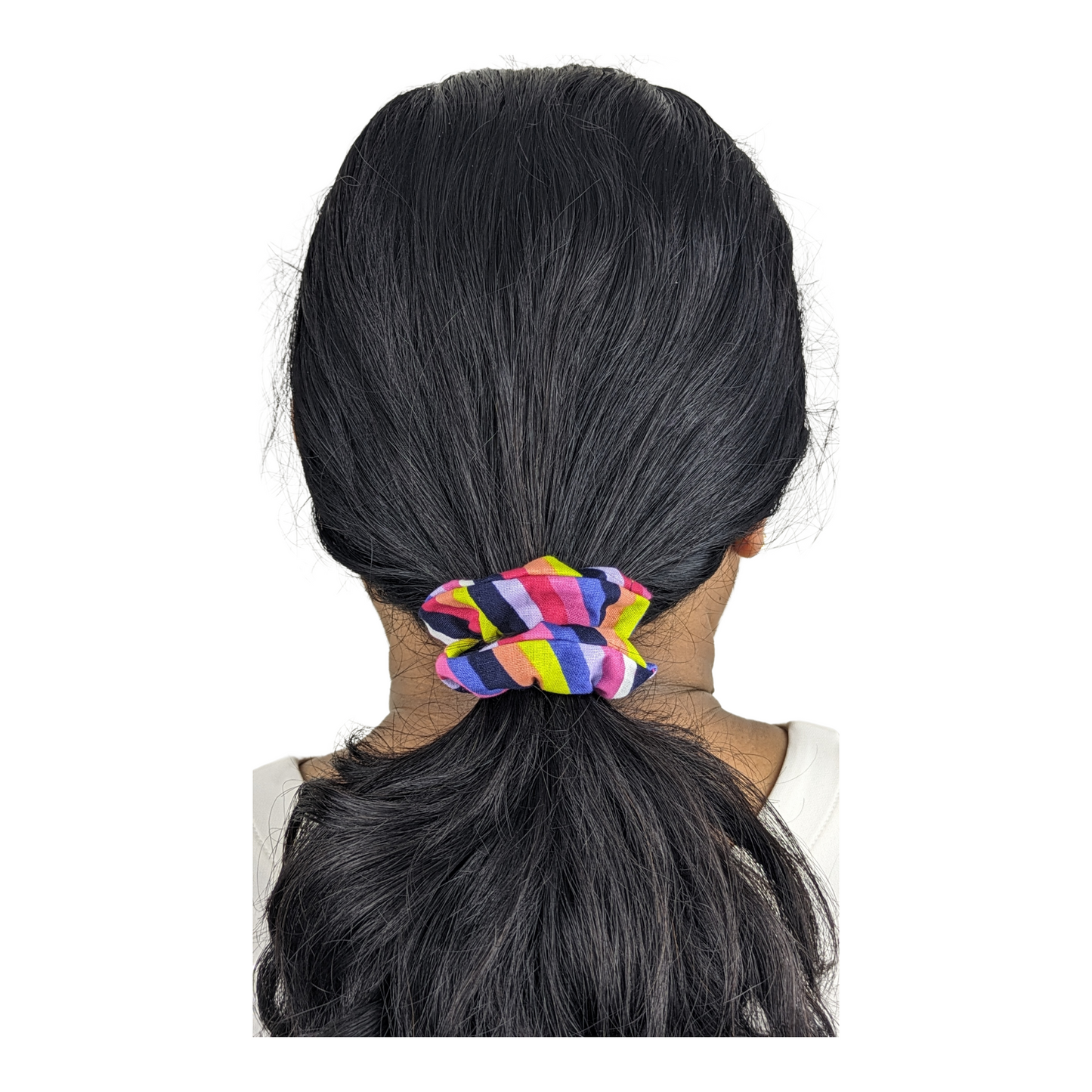 Woman wearing Small Cotton Rainbow Scrunchie