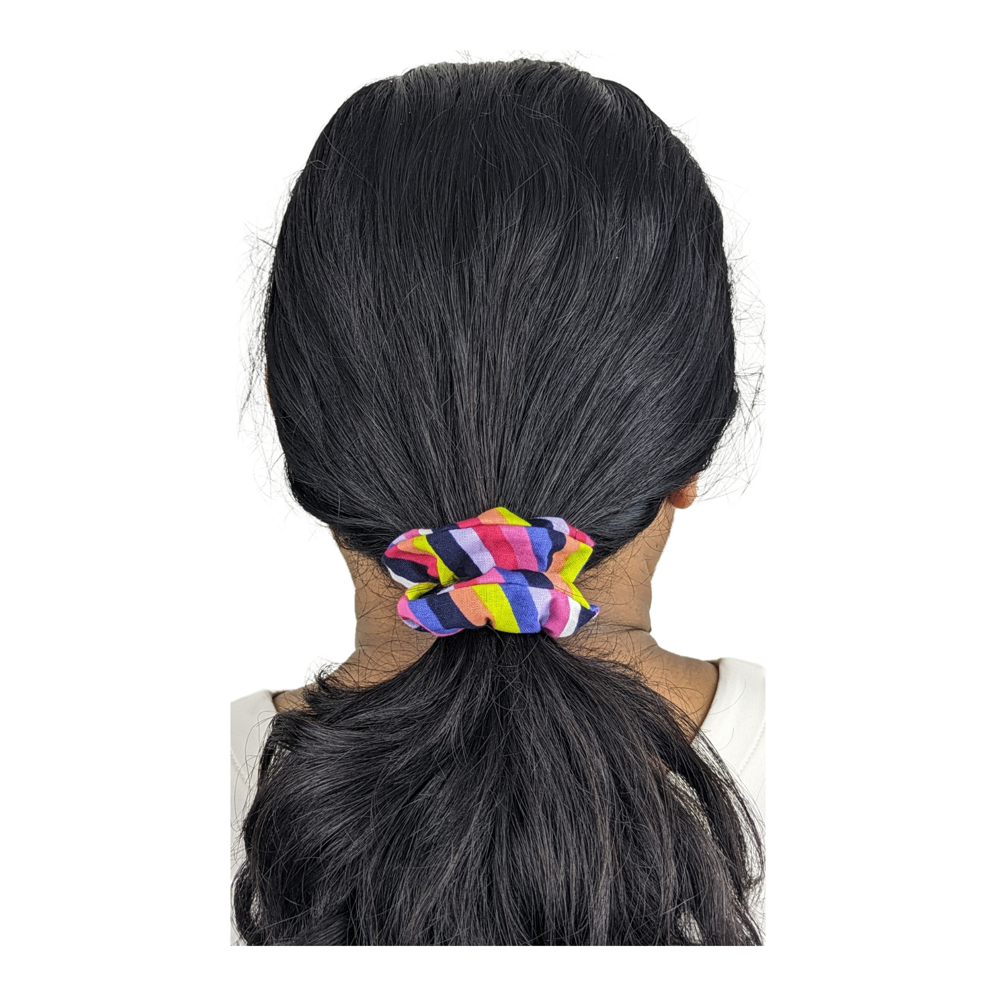 Woman wearing Small Cotton Rainbow Scrunchie