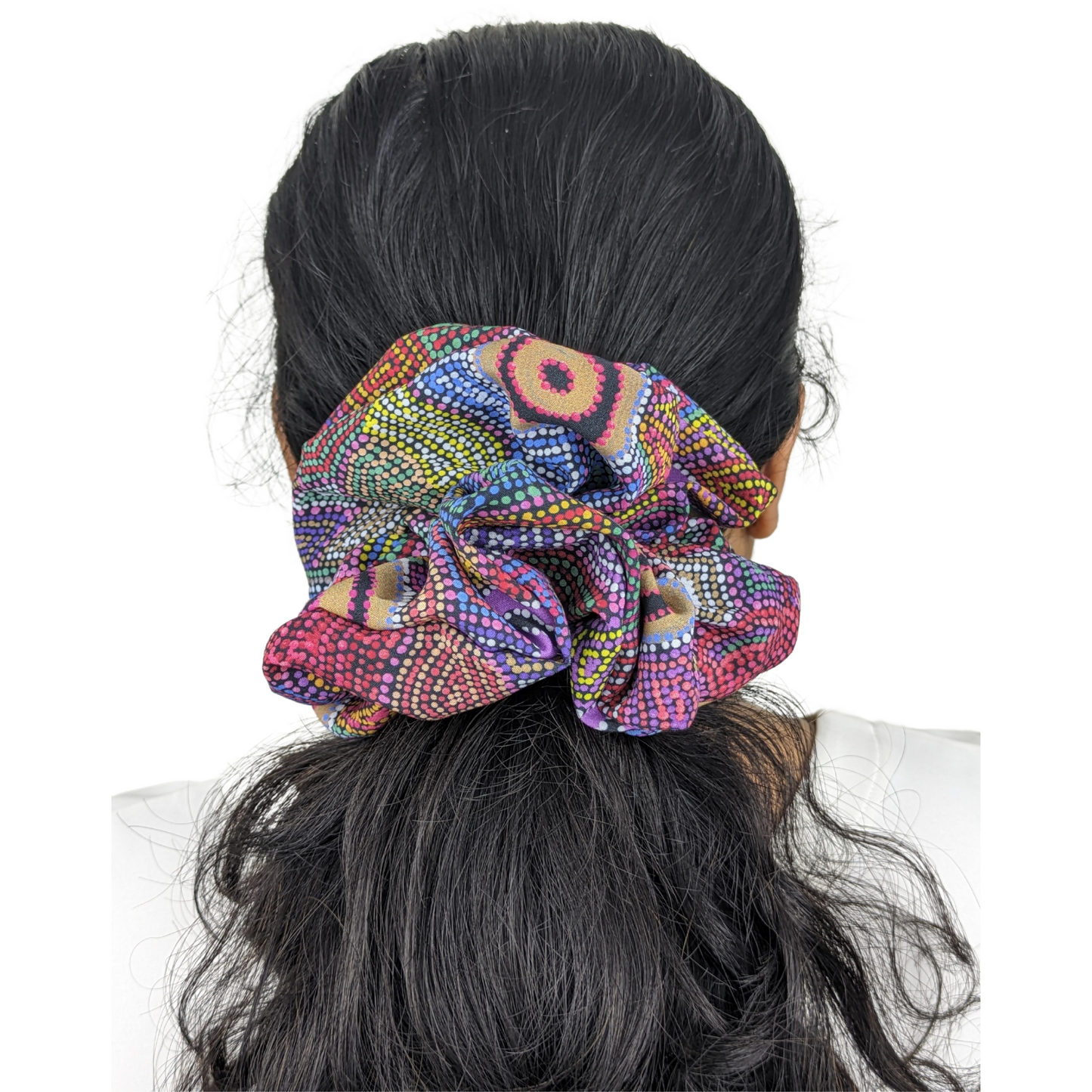 Woman wearing a Marapinti Dreaming large scrunchie