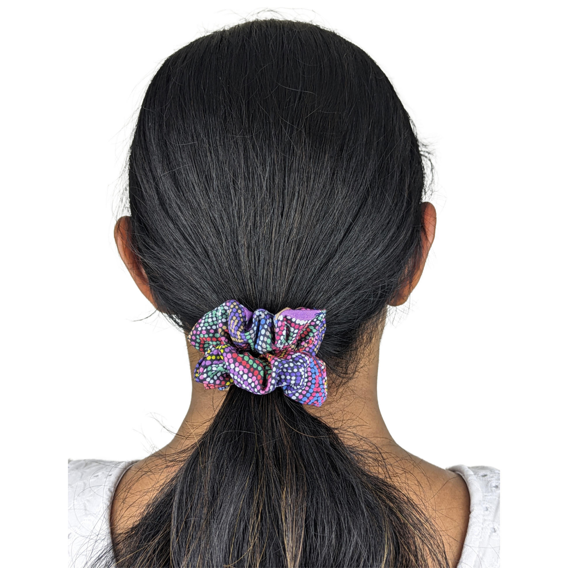 Woman wearing a Marapinti Dreaming small scrunchie