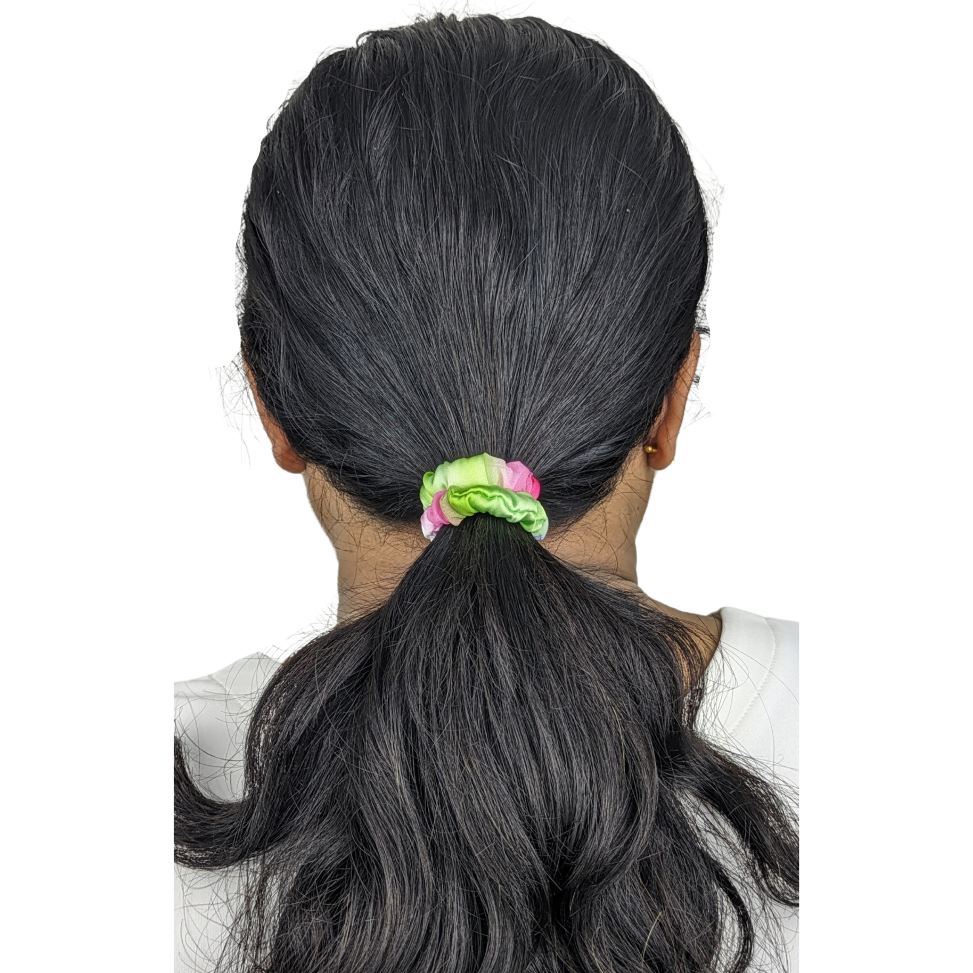 Woman wearing a Pastel Tiny Tie scrunchie