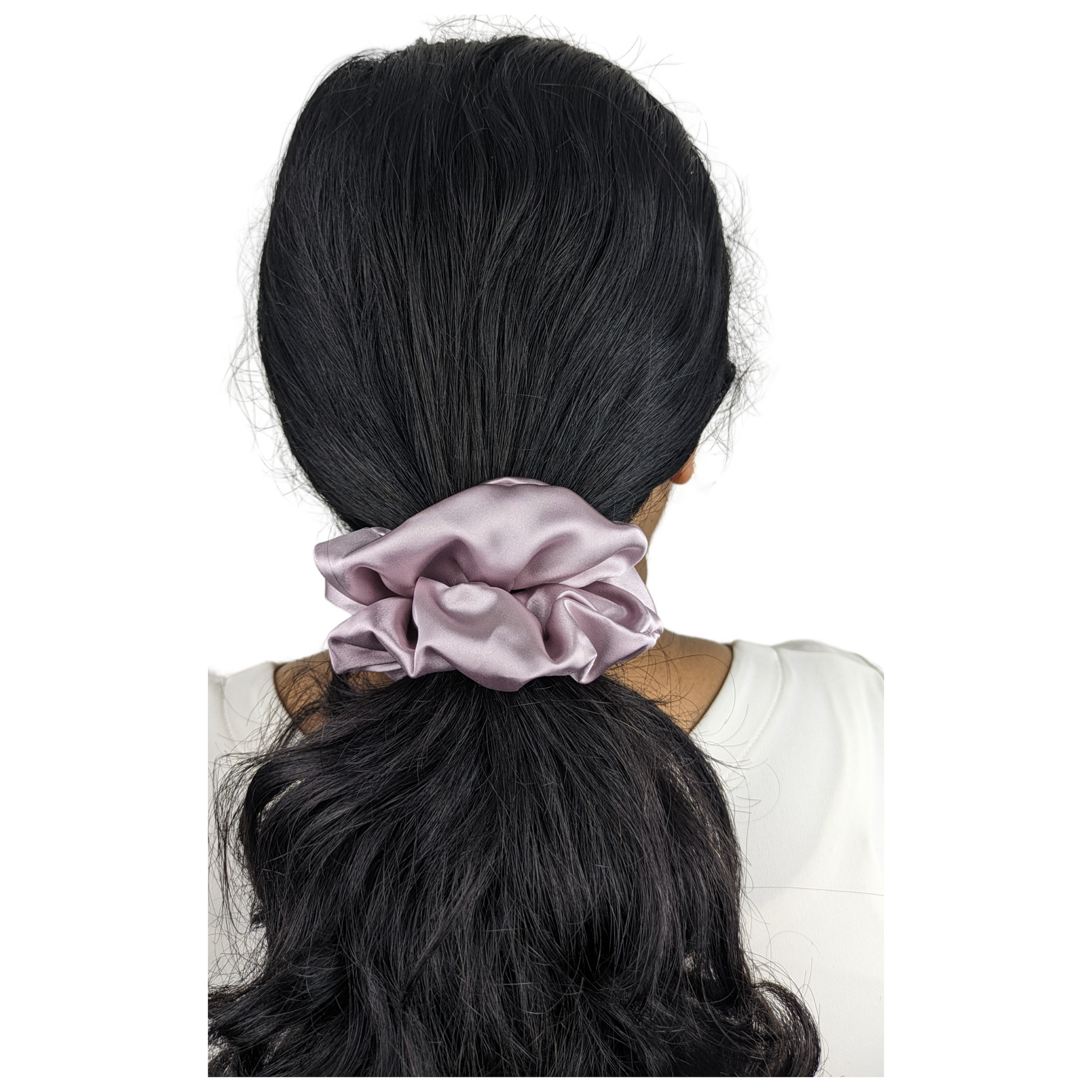 Woman wearing a Regular Pink Rose Scrunchie