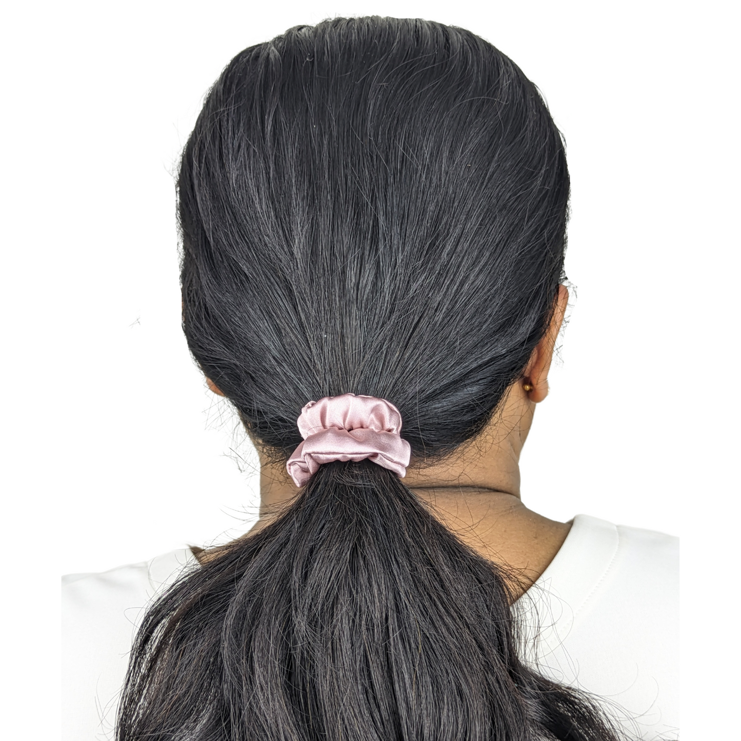 Woman wearing Pink Rose Tiny Tie scrunchie