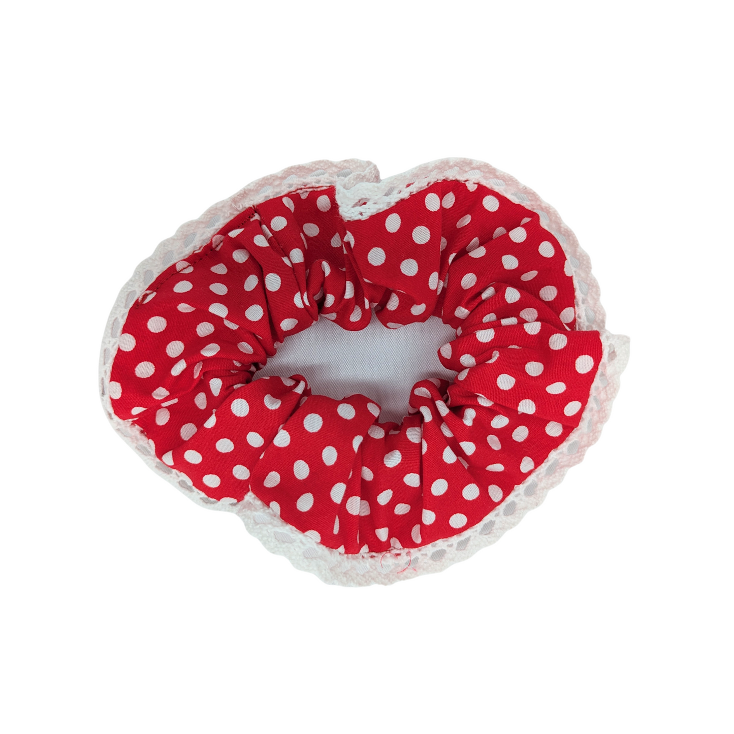 Small Red Polka Dots Scrunchie made with 100% cotton.