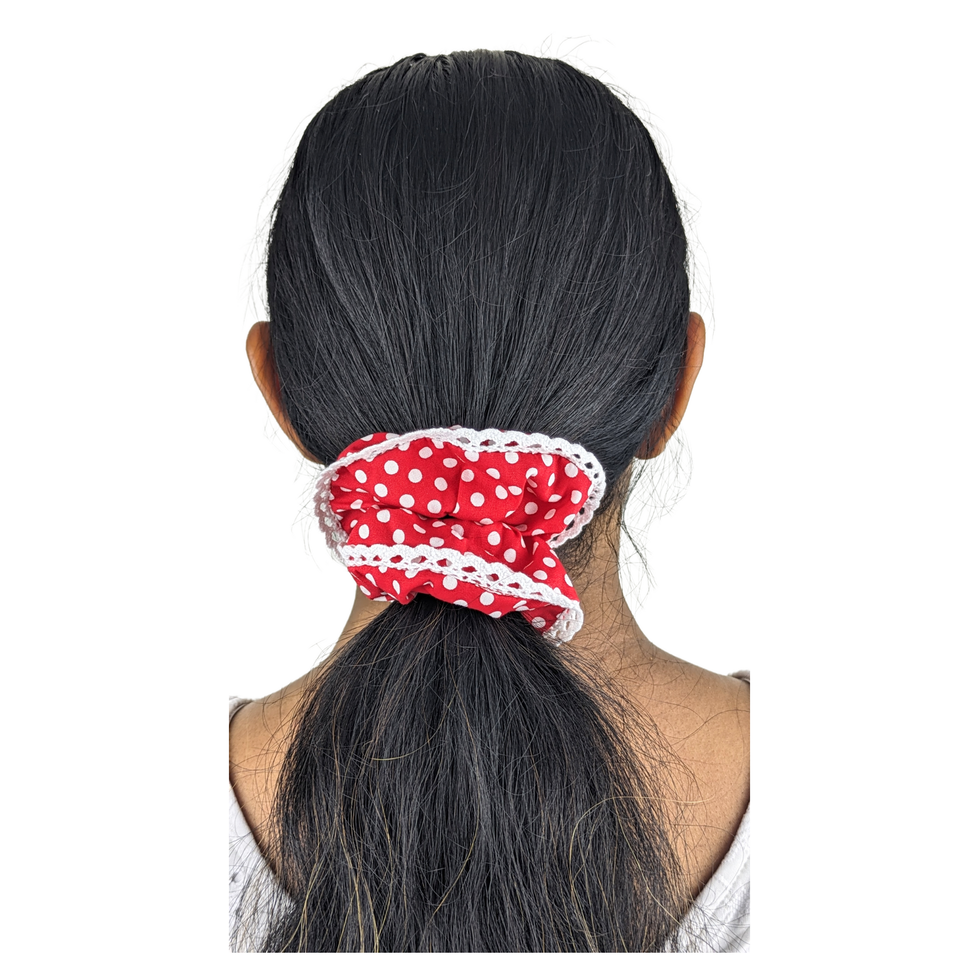 Woman wearing a Small Red Polka Dots Scrunchie.