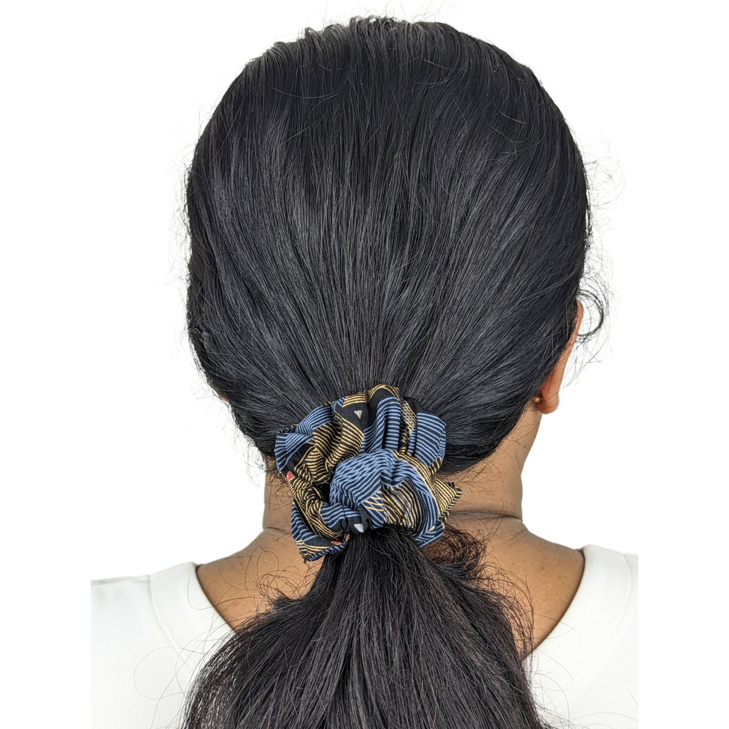 woman wearing a Poplin Waves small scrunchie