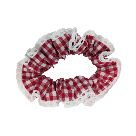 Small Red Gingham Scrunchie made with 100% cotton fabric.