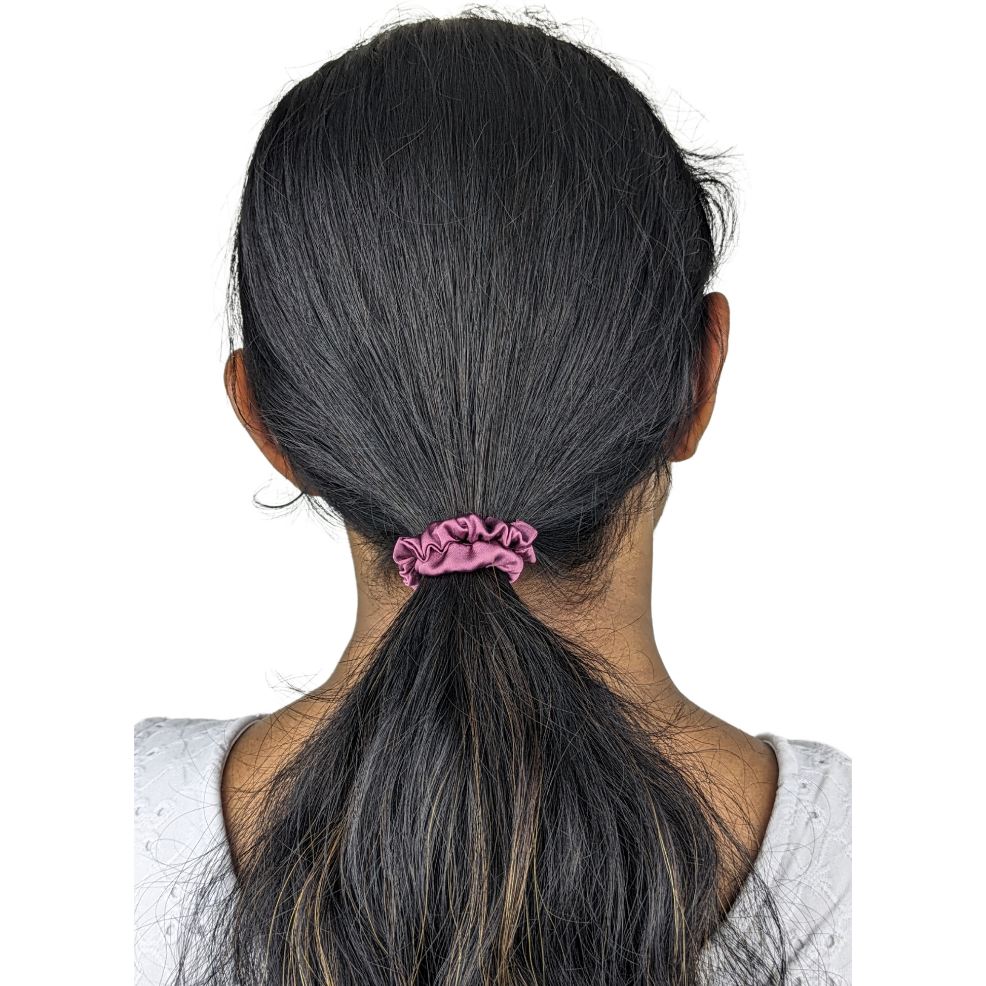 Woman wearing a Red Opal Tiny Tie scrunchie