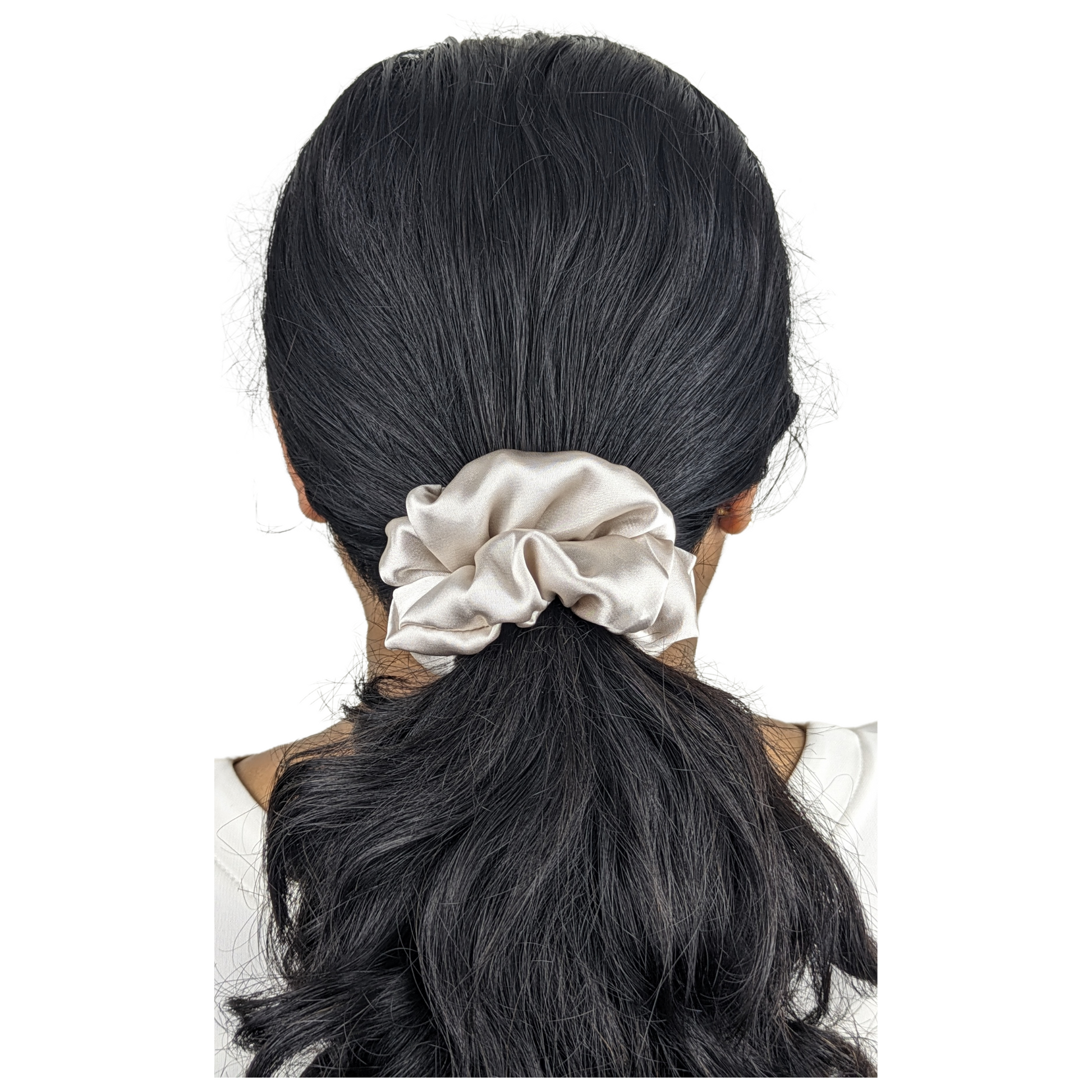 Woman wearing a Regular Satin Champagne Scrunchie