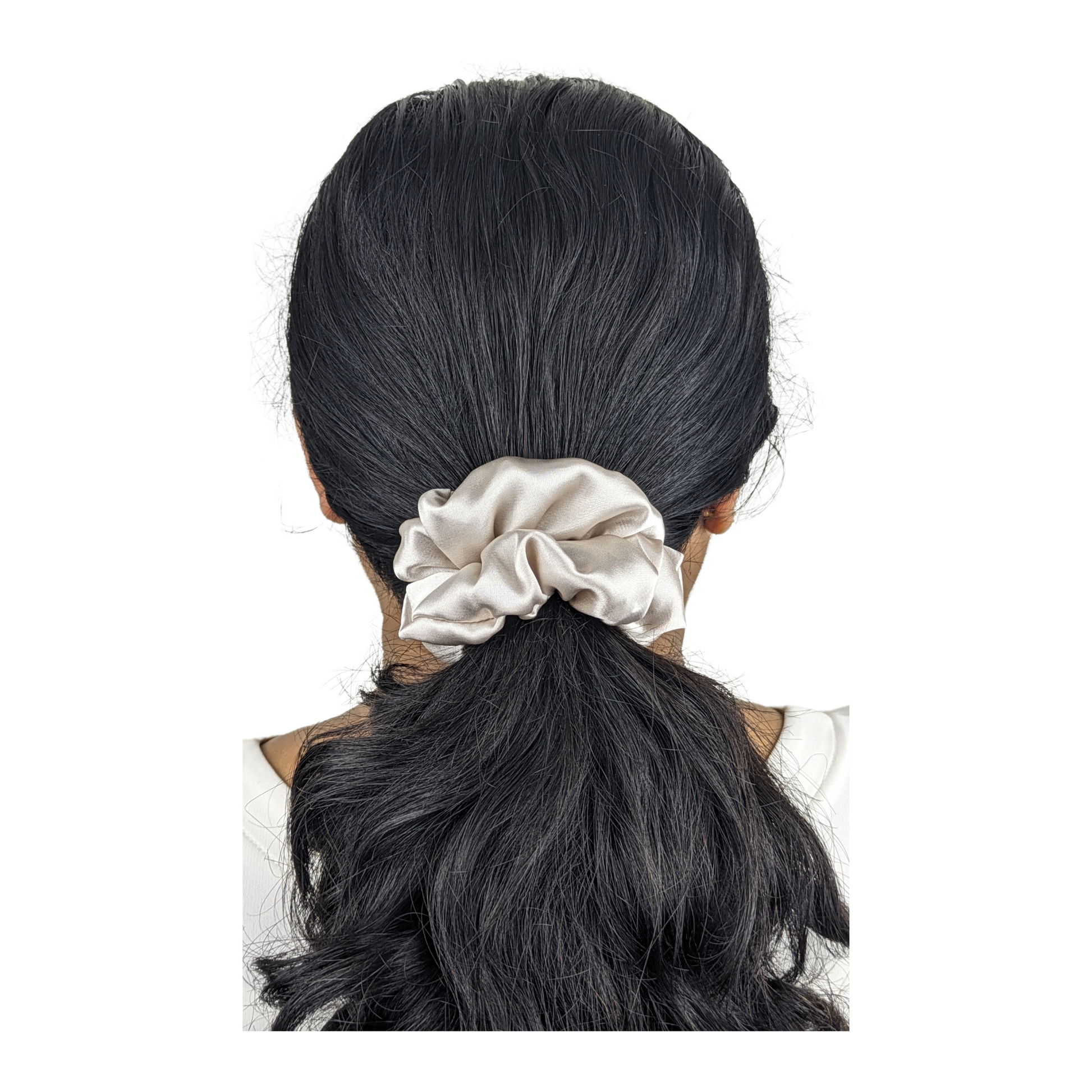 Woman wearing a Small Satin Champagne Scrunchie.