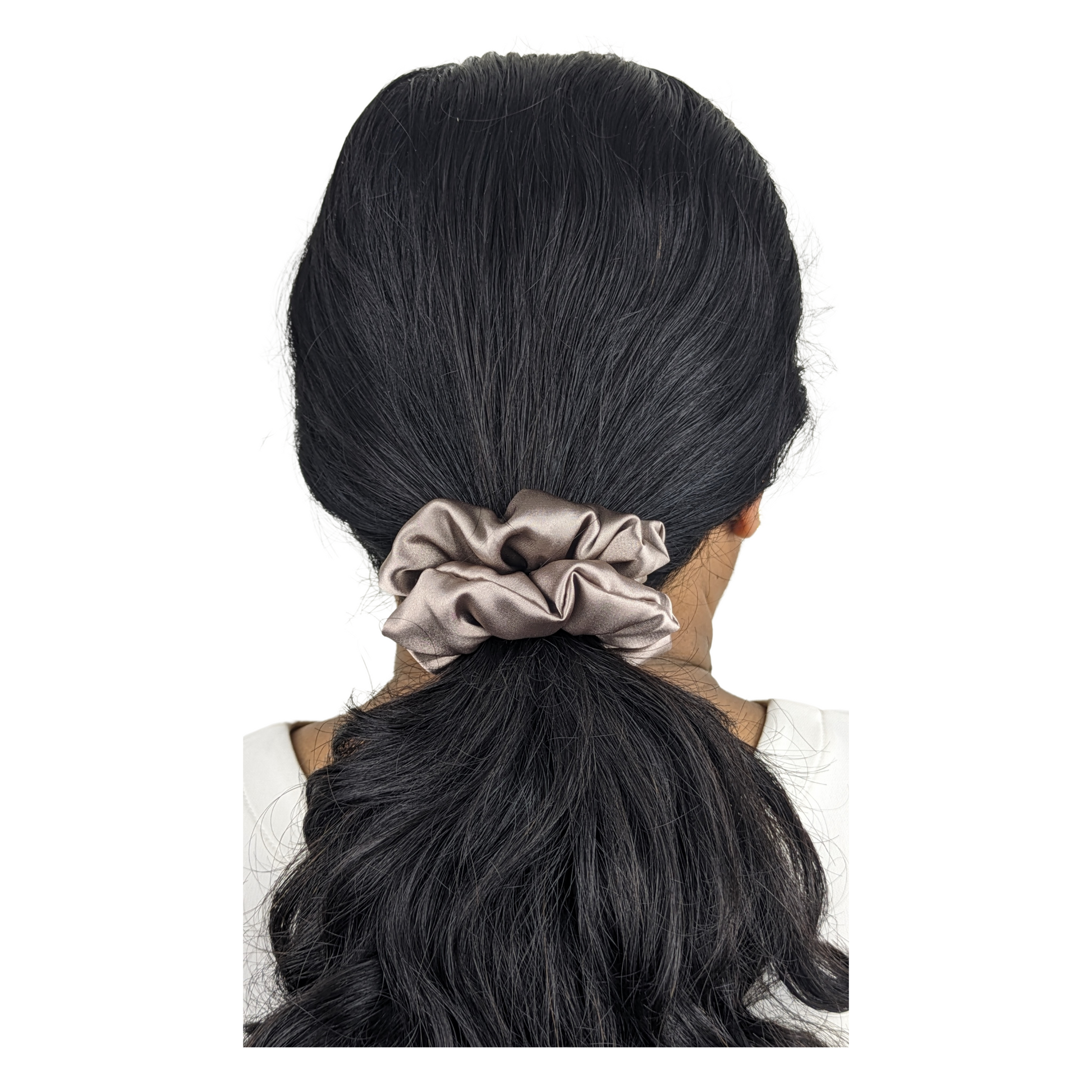 Woman wearing a Small Satin Fog Scrunchie.