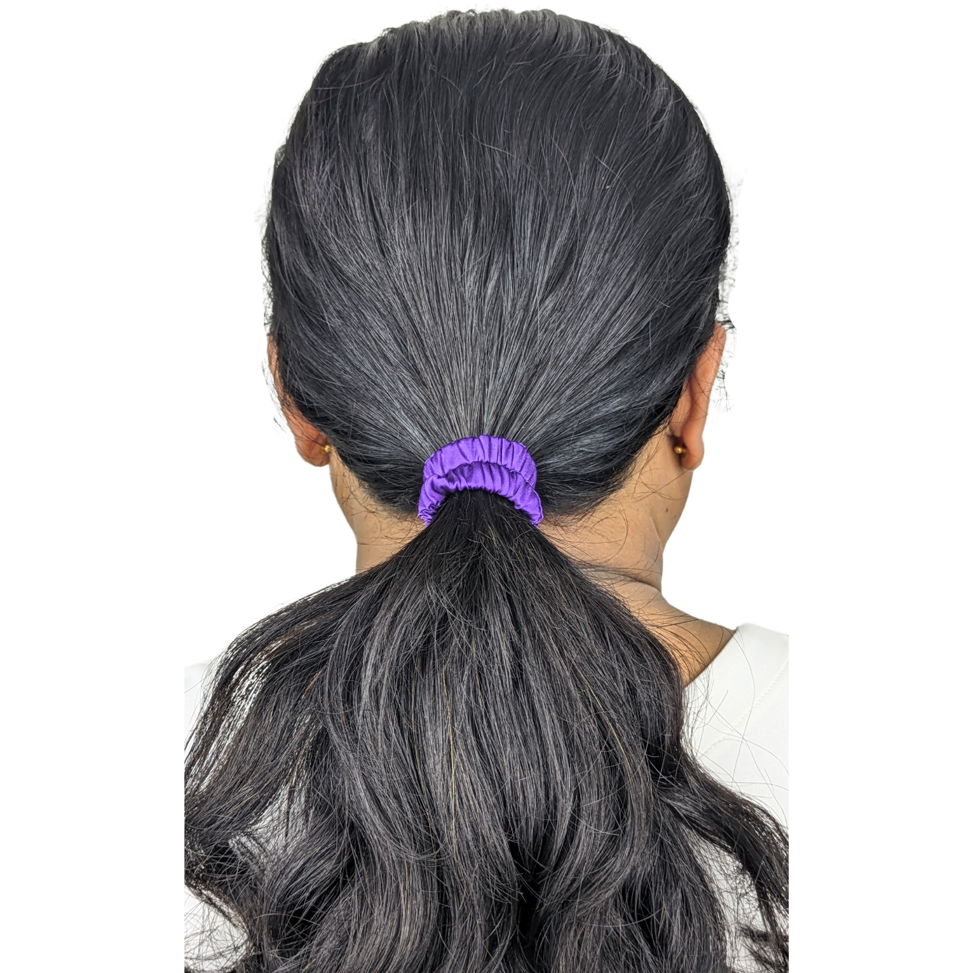 Woman wearing a Satin Prince Tiny Tie scrunchie