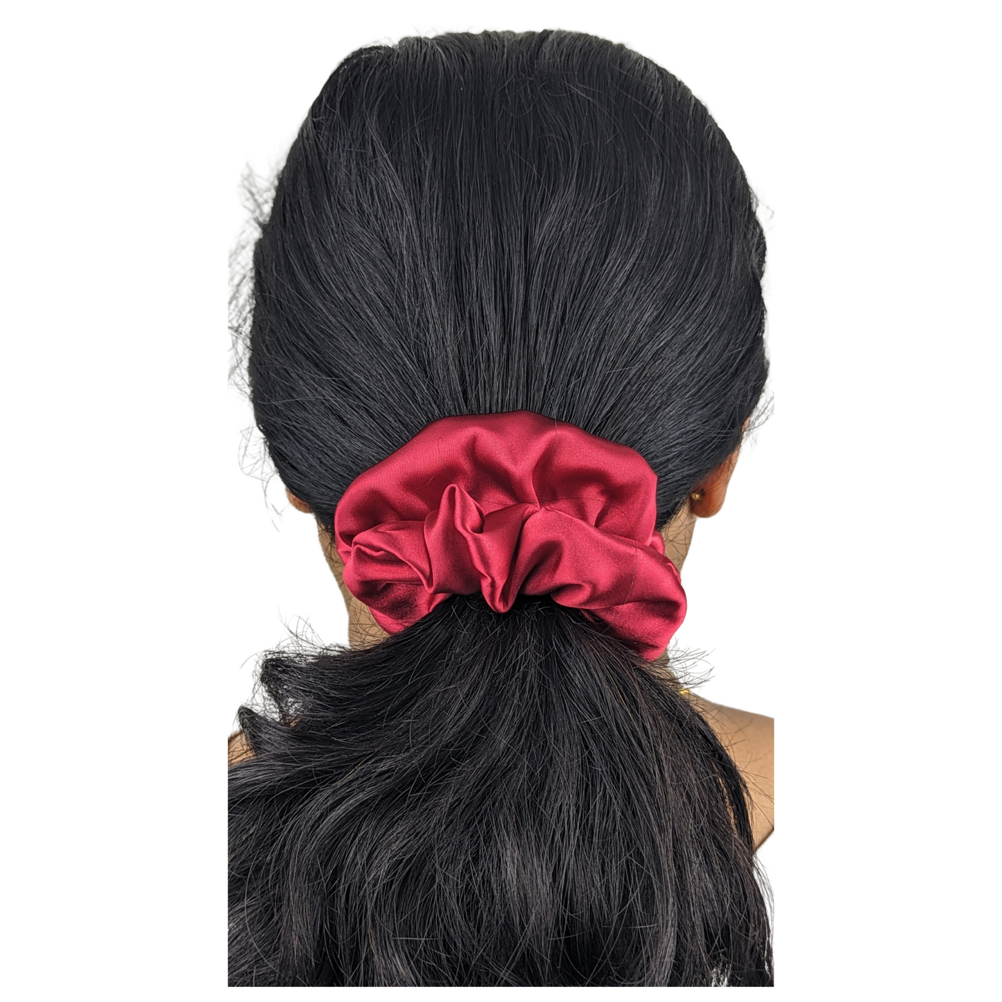 Woman wearing a Regular Satin Red Scrunchie