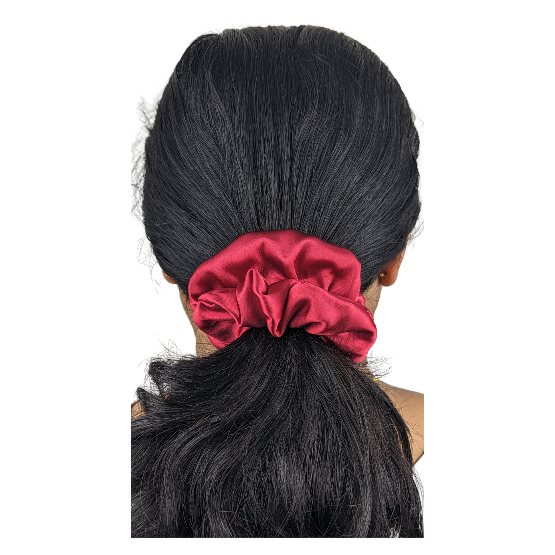 Woman wearing a Satin Red Scrunchie.