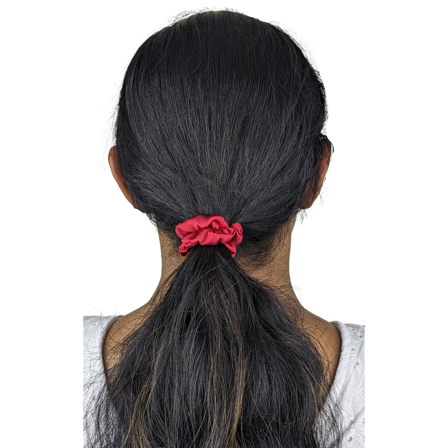 Woman wearing a Satin Red Tiny Tie scrunchie,