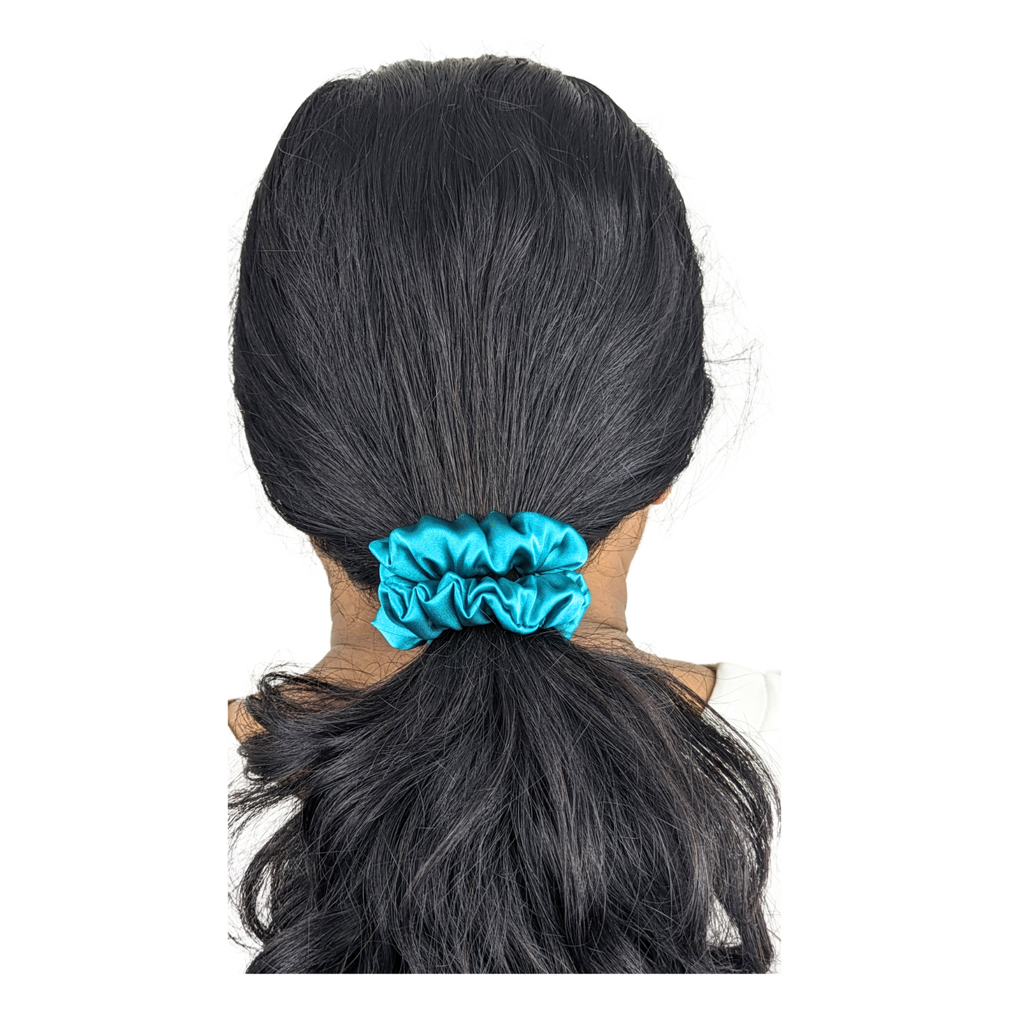 Woman wearing a small Satin Teal Scrunchie