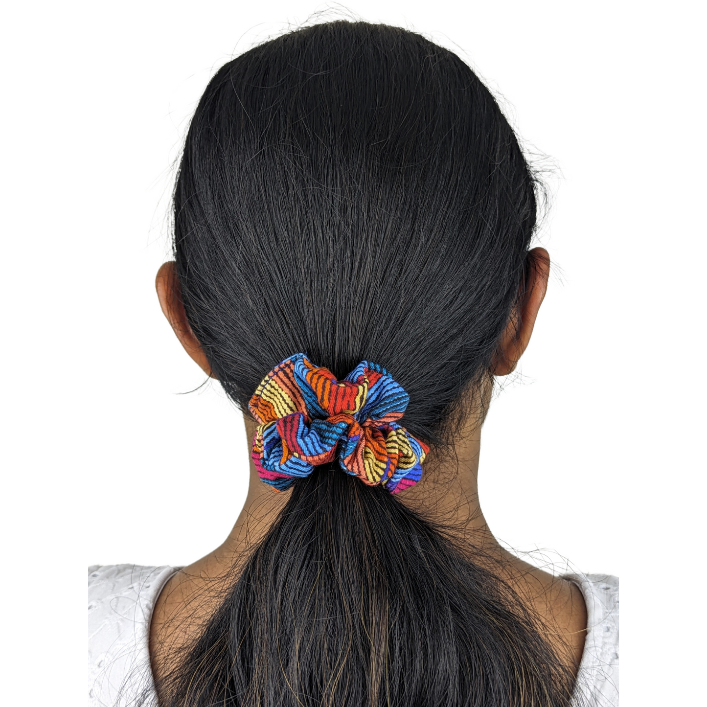 Woman wearing a Springs Dreaming small scrunchie