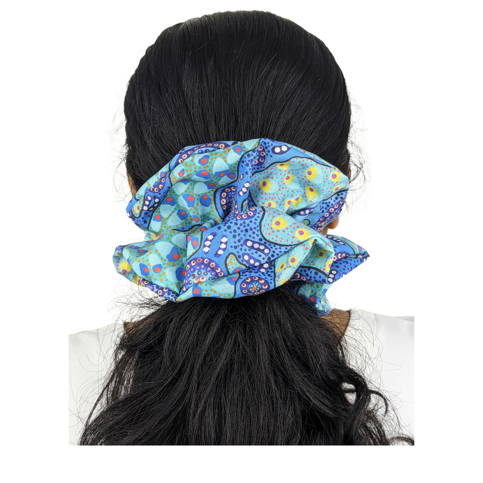 Woman wearing a Water Dreaming large scrunchie