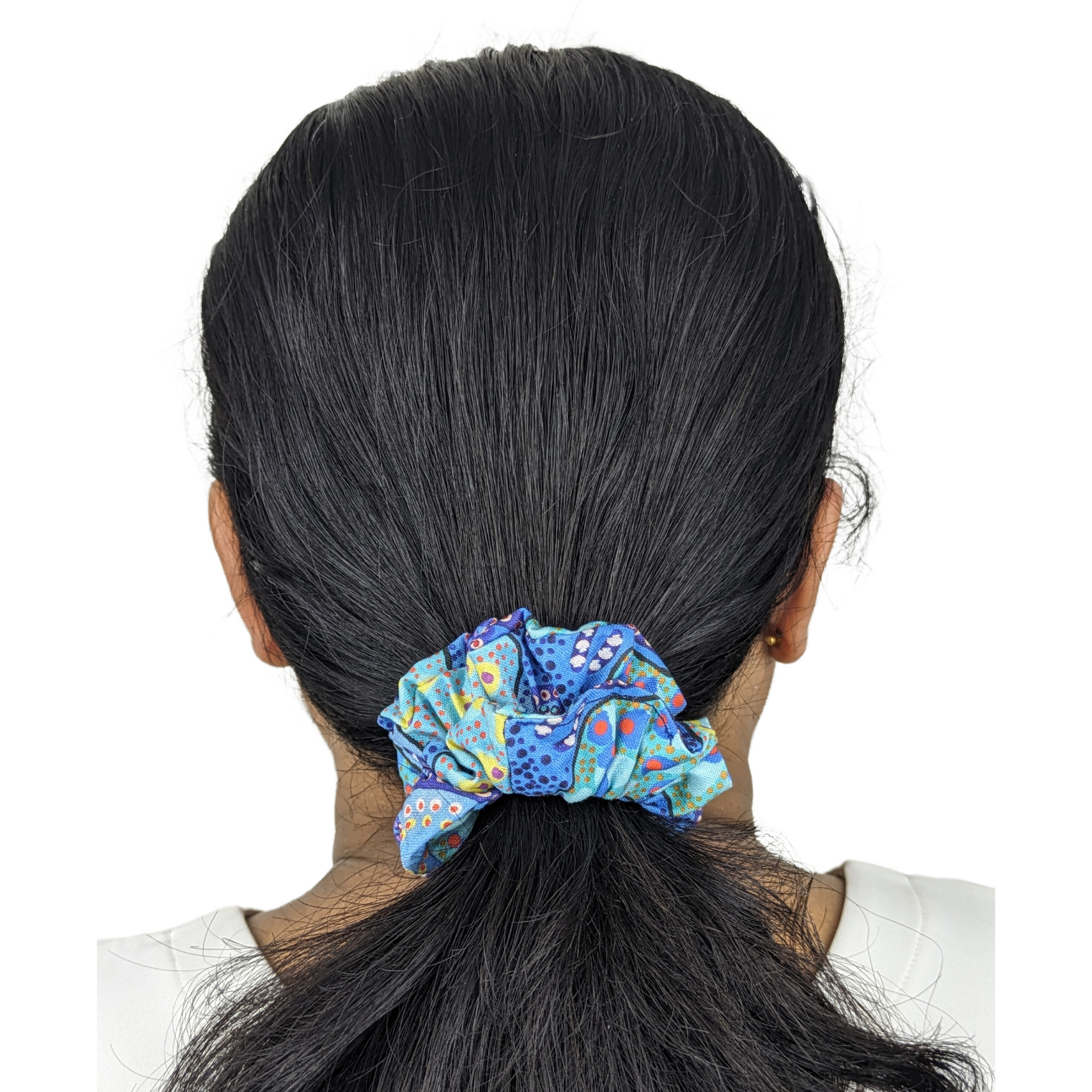 Woman wearing a Water Dreaming small scrunchie